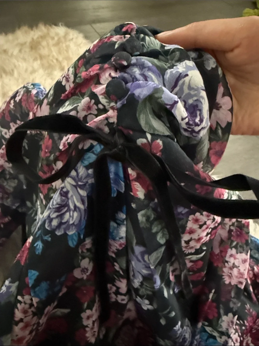 Forever 21 Black Floral Puff-Sleeve Dress with Blue, Purple, and Pink Blooms